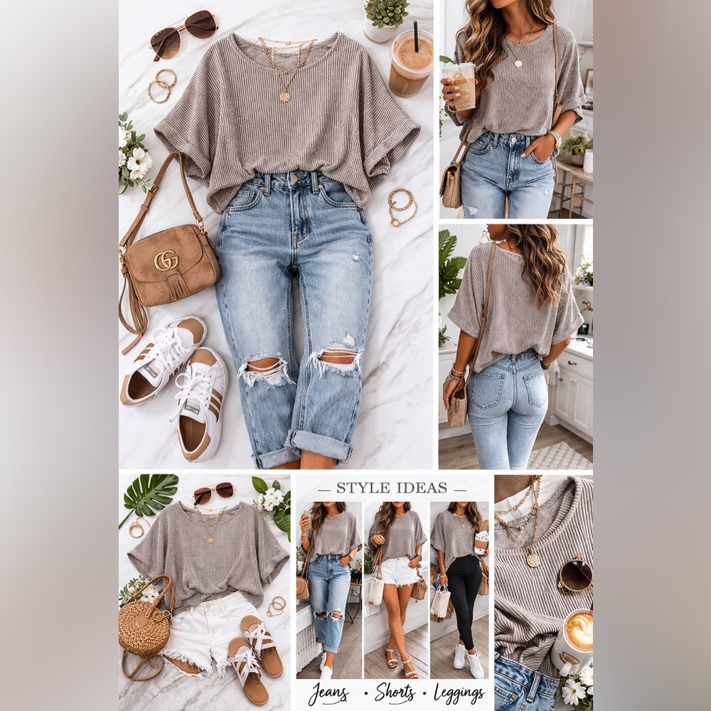 Neutral Ribbed Crop Top | Casual Relaxed Fit Short Sleeve Tee